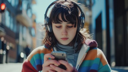Poster - A girl wearing headphones looking at her phone. Ideal for technology and communication concepts