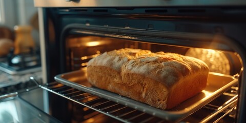 Poster - A loaf of bread baking in the oven. Perfect for food and cooking-related projects