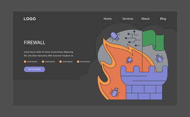 Wall Mural - Firewall web banner or landing page dark or night mode. Network security device monitoring incoming and outgoing network traffic. Internet connection security system. Flat vector illustration