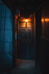 Poster - A dark room with a door and a single light source. Versatile image suitable for various concepts and themes
