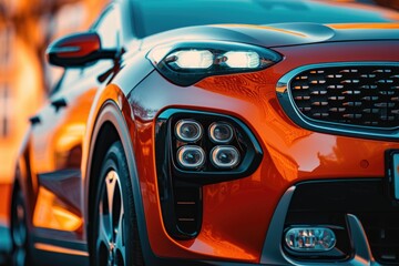 Poster - A detailed close-up view of the front of a car. This image can be used for automotive-related articles, car reviews, or in advertisements for car parts and accessories
