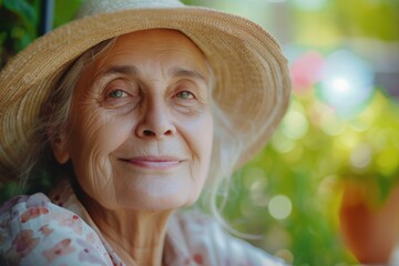 Aufkleber - An older woman wearing a straw hat with a warm smile. Perfect for portraying happiness and positivity. Suitable for various uses