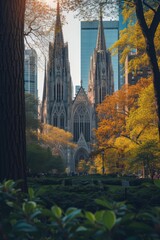 Poster - A large cathedral located in the heart of a bustling city. Suitable for architectural or religious-themed projects