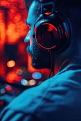 Poster - A man wearing headphones playing a video game