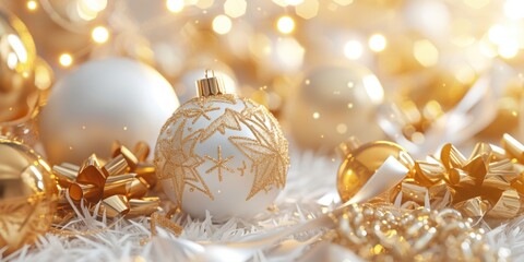 Poster - A white and gold Christmas ornament surrounded by a variety of gold and silver ornaments. Perfect for festive holiday decorations