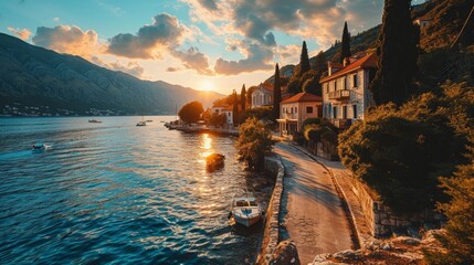 Poster - Coastal panorama, drone's eye view, sun dipping, tranquil bay, realistic sunset scene at Boka Kotor Bay Generative AI