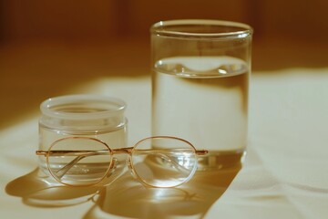 Aufkleber - A pair of glasses sitting next to a glass of water. Perfect for illustrating the concept of hydration or working/studying with clear vision