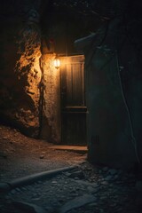 Poster - A door illuminated in the darkness. Can be used to depict mystery or anticipation