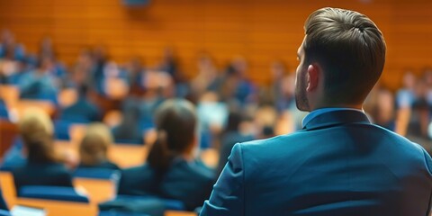 Poster - A professional man in a suit sitting in front of a large crowd. Suitable for business presentations or public speaking events