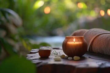 Poster - A simple yet elegant arrangement of a candle and towels on a table. Perfect for adding a cozy touch to any space