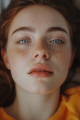 Poster - A close-up view of a woman's face with beautiful freckles. Perfect for beauty and skincare products or natural beauty concepts