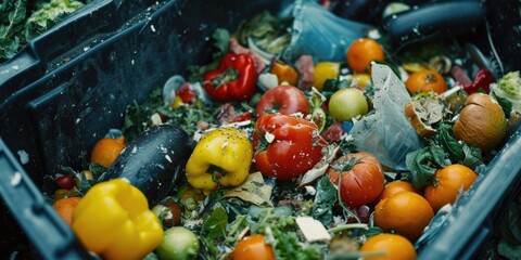 Poster - A collection of various types of vegetables neatly arranged in a blue bin. Perfect for food and nutrition-related projects