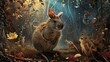 Broad-faced potoroo in a mythical woodland setting, surrounded by mystical creatures from Australian folklore. The rich color palette. Kangaroo in the forest. cute bunny sitting in the autumn forest.