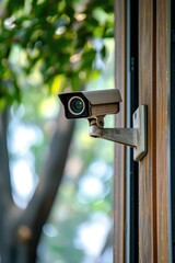 Poster - A security camera mounted on the side of a building. Can be used to monitor and ensure the safety of the premises