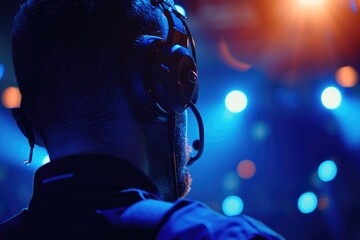 Poster - A man wearing headphones standing in front of a stage. This image can be used for music events, concerts, or audio production