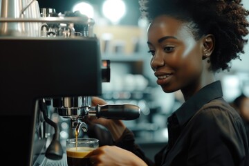 Poster - A woman is shown making a cup of coffee. This versatile image can be used to depict morning routines, coffee breaks, or the enjoyment of a warm beverage