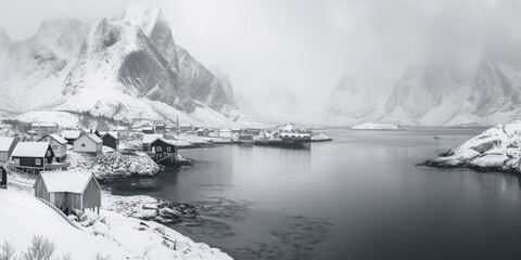 Poster - A captivating black and white photograph capturing the charm of a village covered in snow. Perfect for winter-themed designs and holiday promotions