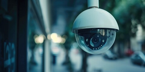 Poster - A camera is mounted on the side of a building, capturing surveillance footage. This image can be used to depict security, monitoring, or urban surveillance