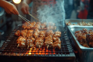 Wall Mural - A person is cooking food on a grill. This image can be used to showcase outdoor cooking or barbecue activities