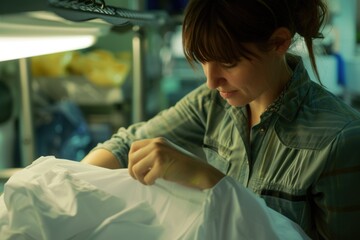 Poster - A woman working in a factory holding a bag. This image can be used to depict a female worker in an industrial setting.