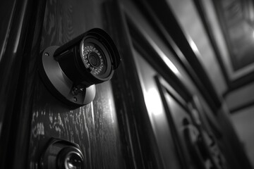 Poster - A black and white photo of a security camera. Ideal for illustrating surveillance, security systems, or privacy concepts