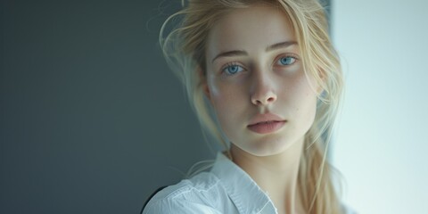 Poster - A woman with long blonde hair looking directly at the camera. Versatile image suitable for various uses