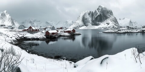 Aufkleber - A picture of a beautiful mountain range covered in snow next to a calm body of water. This image captures the stunning contrast between the white snow and the blue water.