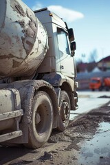 Poster - A cement truck parked on the side of the road. Suitable for construction, transportation, and infrastructure themes
