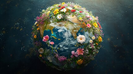 Aufkleber - Conceptual photo of Earth depicting continents covered in a realistic array of blossoming flowers, illustrating the diversity of floral ecosystems across continents, symbolizing the planet's natural s