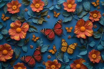 Poster - A group of butterflies sitting on top of a blue surface. Perfect for nature or wildlife-themed designs