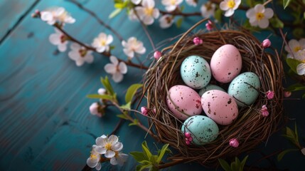 Poster - A nest filled with pink and blue eggs. Can be used to symbolize new life, fertility, or the arrival of spring.