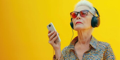 Poster - A woman wearing headphones and holding a cell phone. Perfect for technology and communication concepts