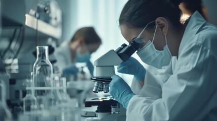 Aufkleber - A woman in a lab coat studying with a microscope. Suitable for scientific research or educational purposes