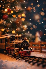 Poster - A toy train sits on a track in front of a beautifully decorated Christmas tree. Perfect for holiday-themed projects and festive designs