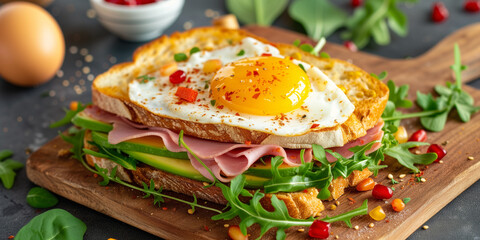 Sticker - close shoot of a goutmet open sandwich brunch with avocado ham sunny-side up egg tomato chili seasoning on healthy seed bread