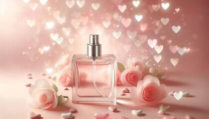 Wall Mural - A bottle of perfume with a red festive ribbon with a heart on a red background with hearts.Valentine