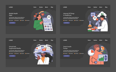 Poster - Advanced healthcare interface set. User-friendly mobile health apps, IoT integration in labs, AR in diagnostics, and insulin pump tech. Flat vector illustration.