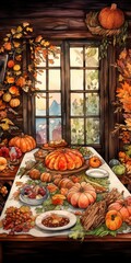 Detailed digital embellishments featuring a cozy cottage setting, atmospheric watercolor background, and loose linework depicting a Thanksgiving feast with grocery art-inspired ingredients. --ar 1:2 -