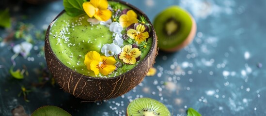 Poster - Green fruit smoothie with edible flowers in a coconut bowl, representing a healthy breakfast concept for detoxifying the body in spring.