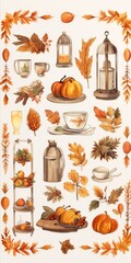 Fototapete - Digital stickers displaying a Thanksgiving family gathering in atmospheric watercolor hues, featuring loose linework for a cottagepunk-inspired cozy setting Generative AI