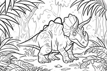 Chasmosaurus Dinosaur Black White Linear Doodles Line Art Coloring Page, Kids Coloring Book
