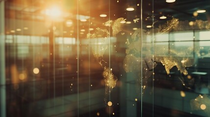 Poster - Multi exposure of abstract creative digital world map hologram on blurry modern office building background, tourism and traveling concept : Generative AI