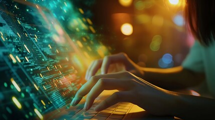 Aufkleber - Digital technology, internet network connection, big data, digital marketing IoT internet of things. Woman using modern computer surfing internet futuristic metaverse, innovative techn : Generative AI