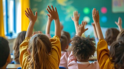 Education, question with group of children in classroom and raise their hands to answer. Learning or support, diversity and teacher teaching with young students in class of school buil : Generative AI