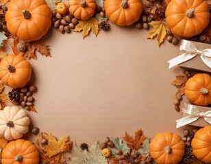 Aufkleber - a frame of pastel autumn tones with free space for text, made of a variety of small orange pumpkins, maple leaves, acorns, gift boxes with large bows