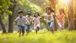 © Generative AI - Group of happy playful Indian children running outdoors in spring park. Asian kids Playing in garden. Summer holidays. : Generative AI