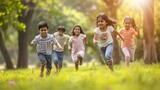 Fototapeta Londyn - Group of happy playful Indian children running outdoors in spring park. Asian kids Playing in garden. Summer holidays. : Generative AI