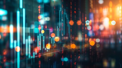 Poster - Abstract glowing big data forex candlestick chart on blurry city backdrop. Trade, technology, investment and analysis concept. Double exposure : Generative AI