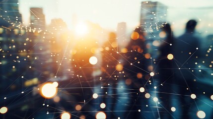 Network and internet communication concept. Silhouettes of business people in abstract city with double exposure of blurry network interface. Toned image : Generative AI
