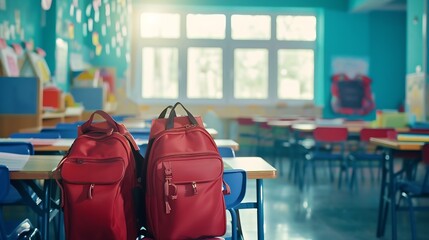 Poster - Interior of stylish empty classroom with backpacks and stationery : Generative AI